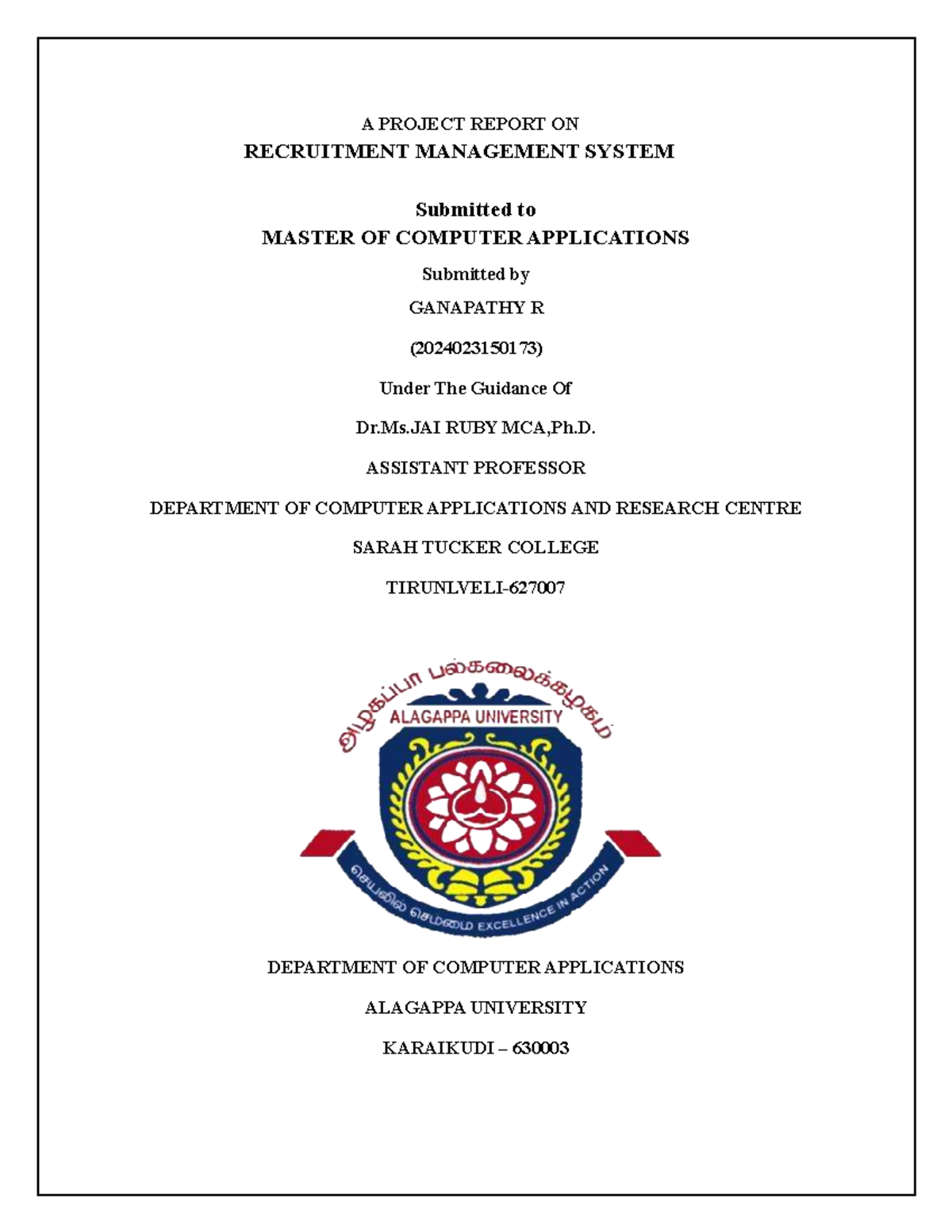 MCA Project Report: Recruitment Management System by Ganapathy R - Studocu