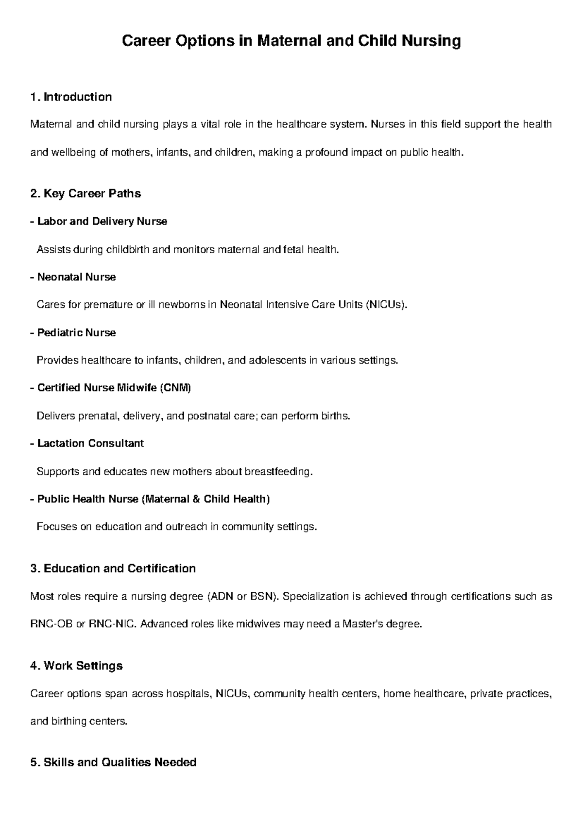Career Paths in Maternal & Child Nursing: Key Roles & Skills - Studocu