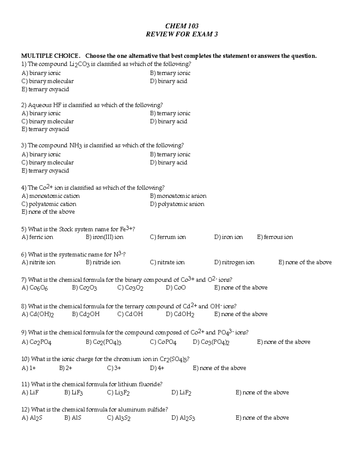 Chem 103 review for exam 3 - CHEM 103 REVIEW FOR EXAM 3 MULTIPLE CHOICE ...