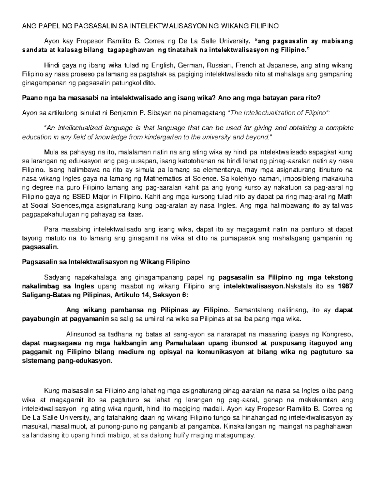 Pagsasalin at Intelektwalisasyon ng Wikang Filipino: Isang Pagsusuri ...