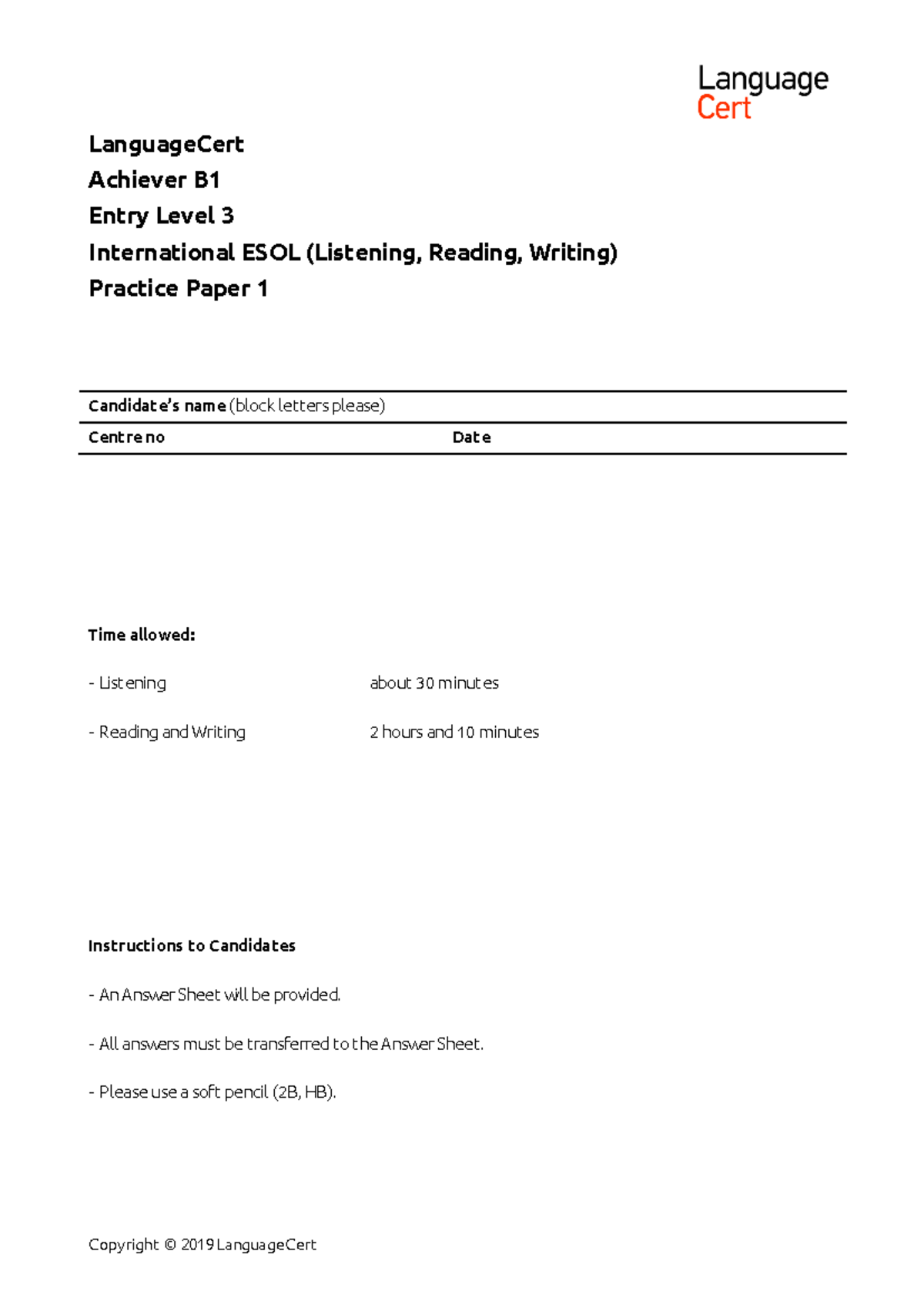 LanguageCert Achiever B1 ESOL Practice Paper 1 (Listening, Reading ...