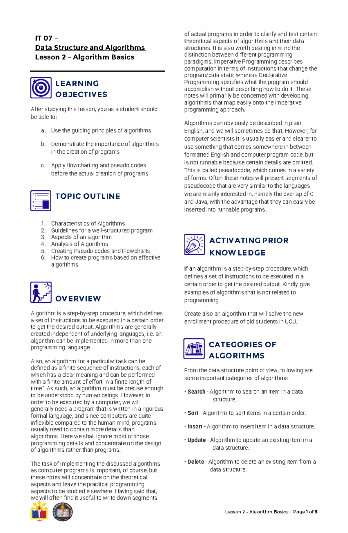 IT 07 - Lesson 2: Basics of Algorithms and Program Creation - Studocu