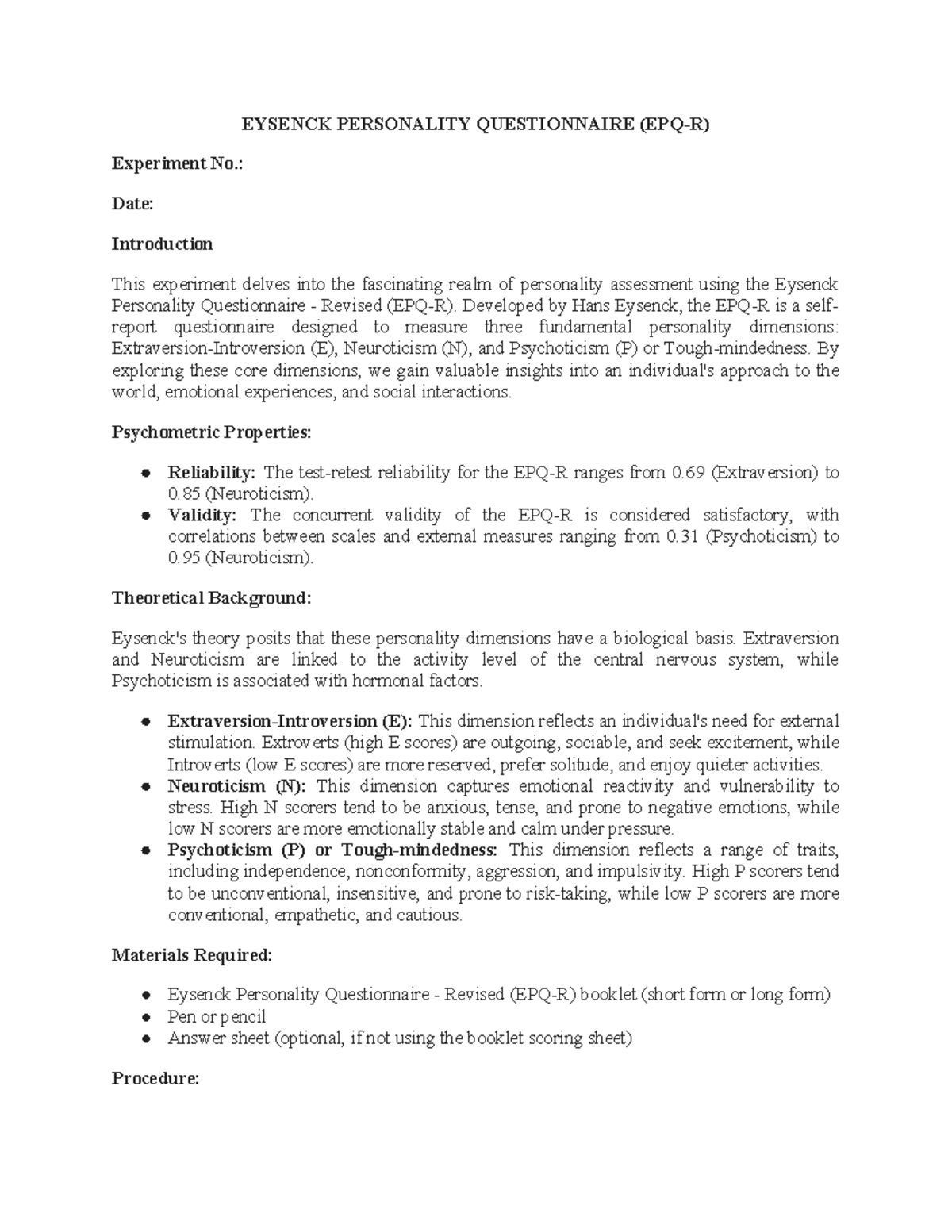 Eysenck Personality Questionnaire - Revised (EPQ-R) Study Guide - Studocu