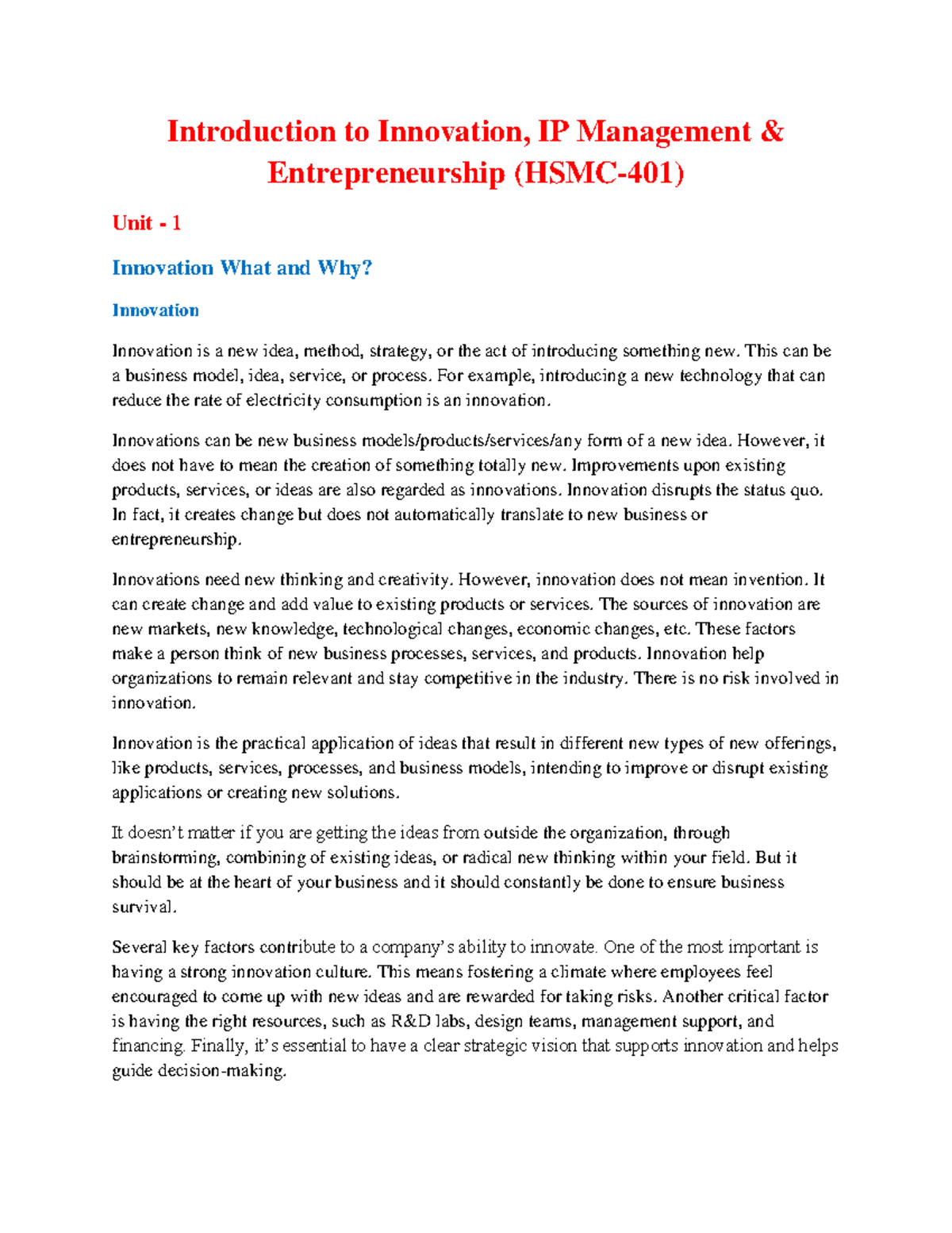 HSMC-401 Chapter 1: Understanding Innovation and Its Impact - Studocu