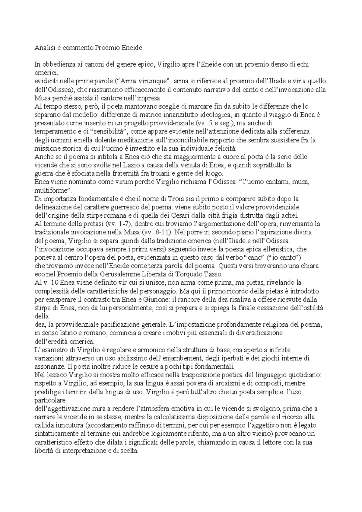 Analisi e Commento del Proemio dell'Eneide - Corso di Letteratura - Studocu