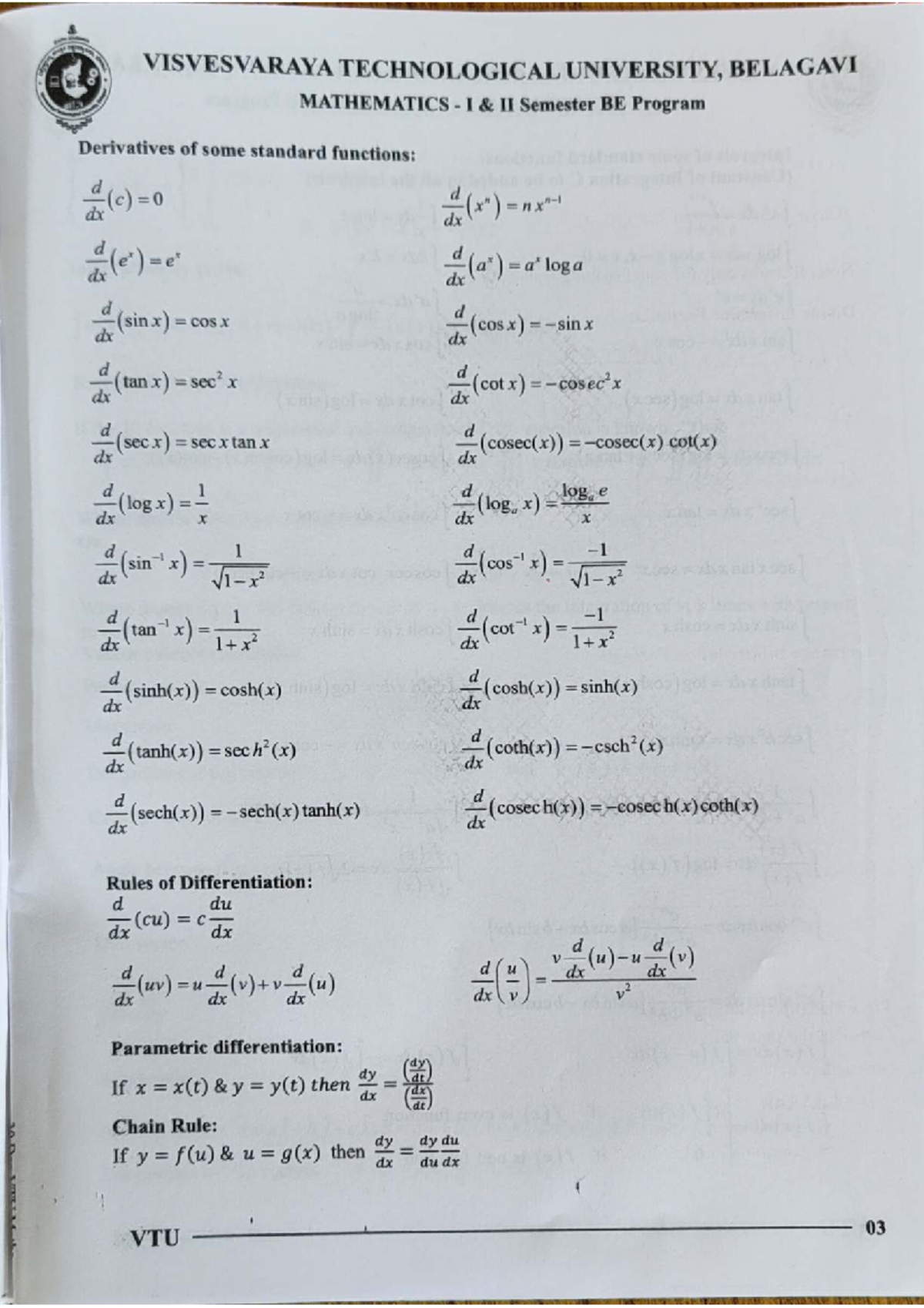 Mathematics I & II Semester BE Program Formula Book - VTU - Studocu
