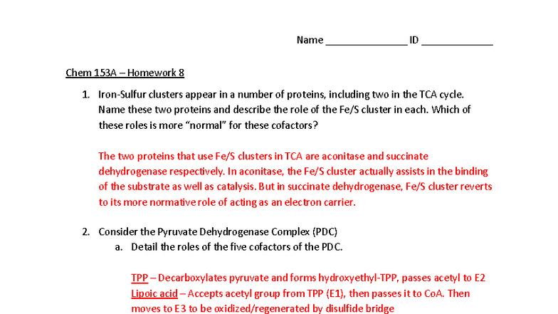 Chem 153A - Homework 8 Solutions: TCA Cycle & PDC Analysis - Studocu