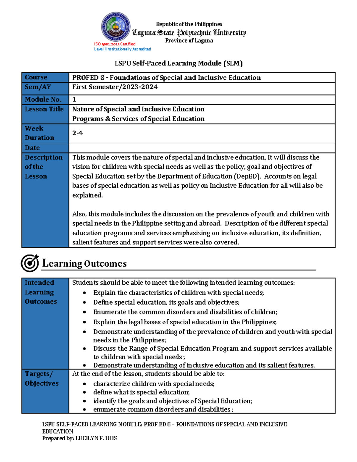 LSPU Learning Module: PROFED 8 Foundations of Special & Inclusive ...