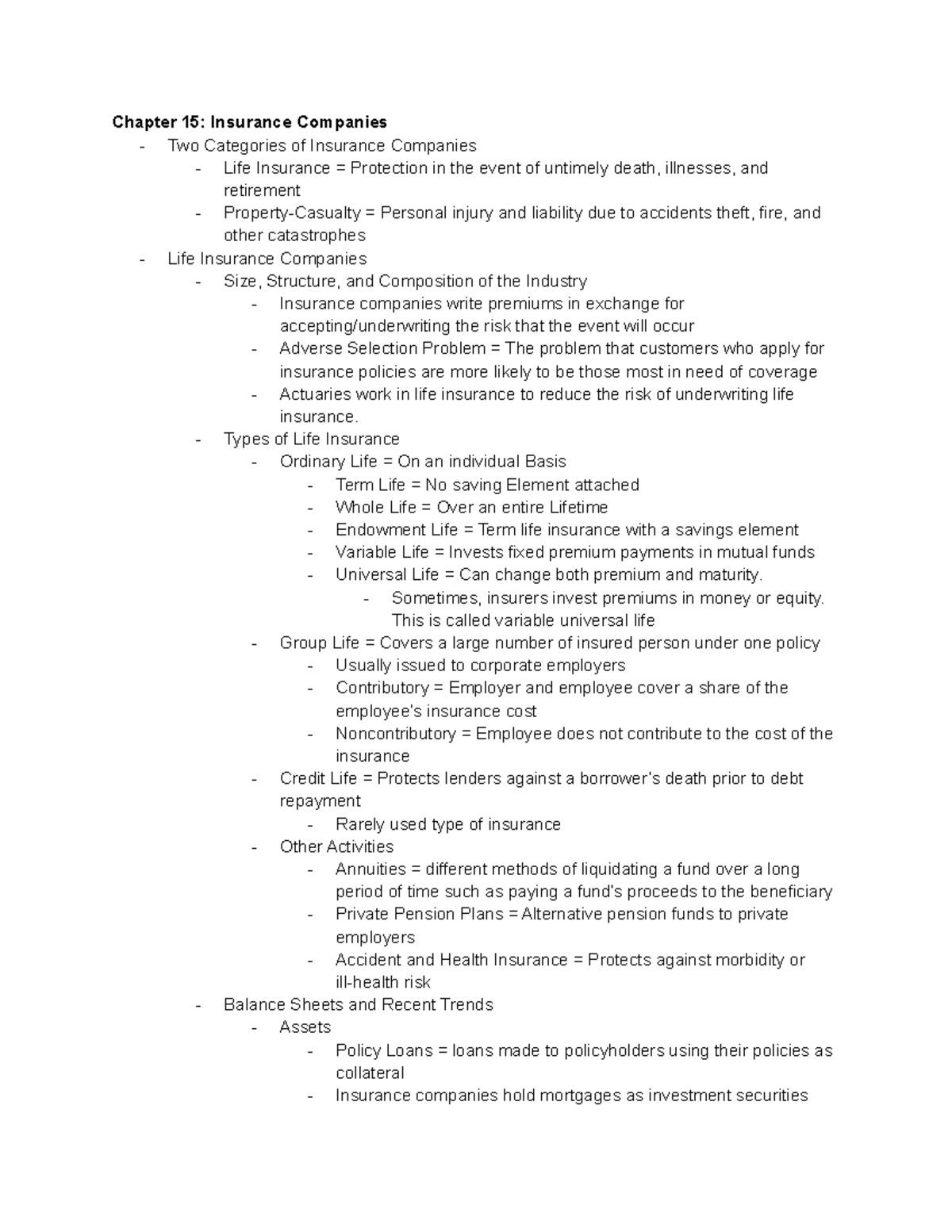 Chapter 15-16 - Notes from 15-16 - Chapter 15: Insurance Companies ...