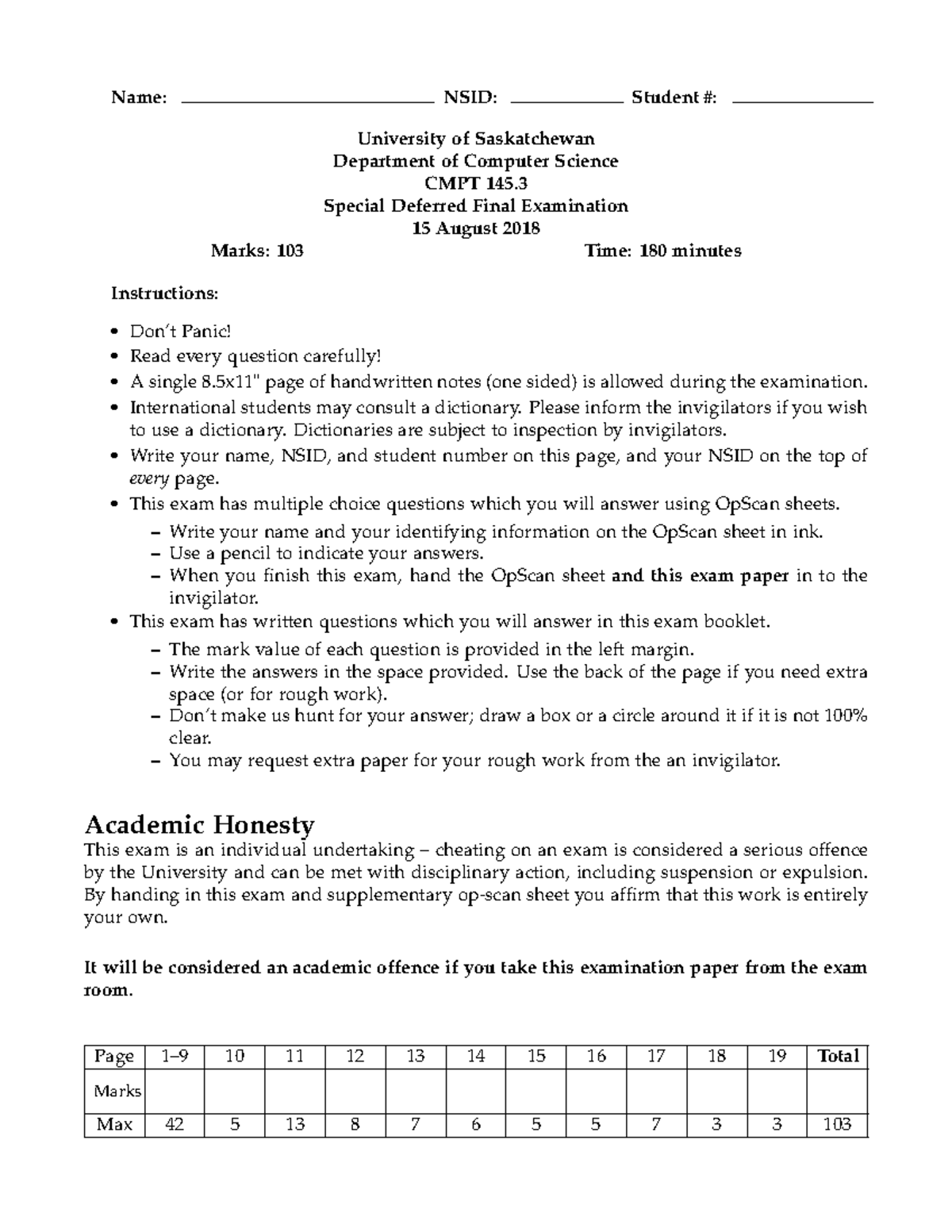 CMPT 145.3 Special Deferred Final Exam - August 2018 - Studocu