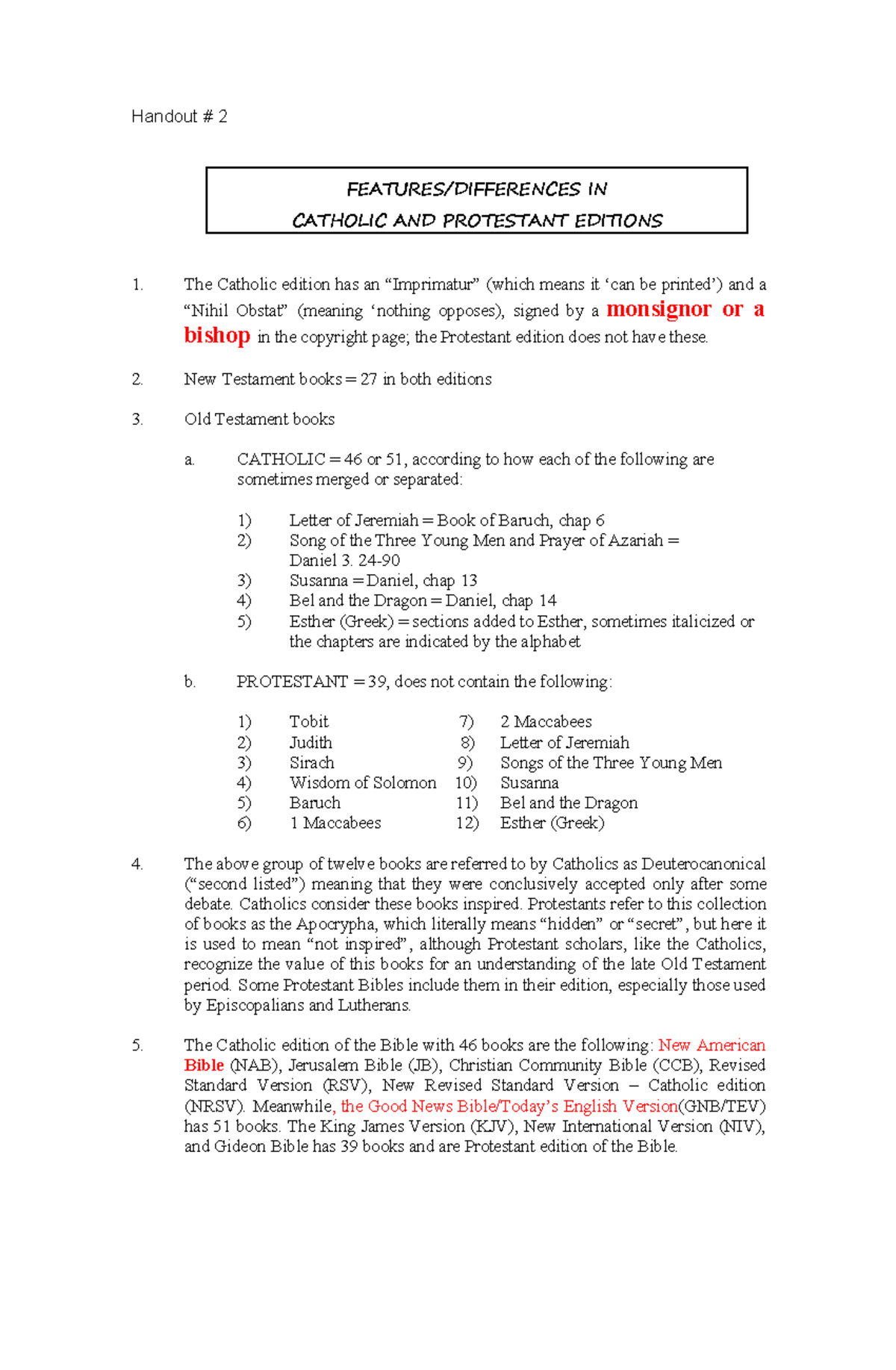 Handout-2-Features - Lecture Notes - Handout # 2 The Catholic edition ...