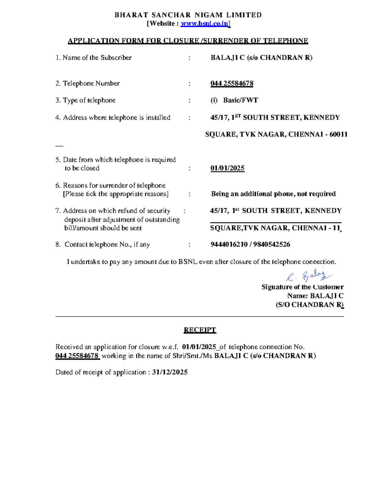 BSNL Landline Closure Application Form for Subscriber BALAJI C - Studocu
