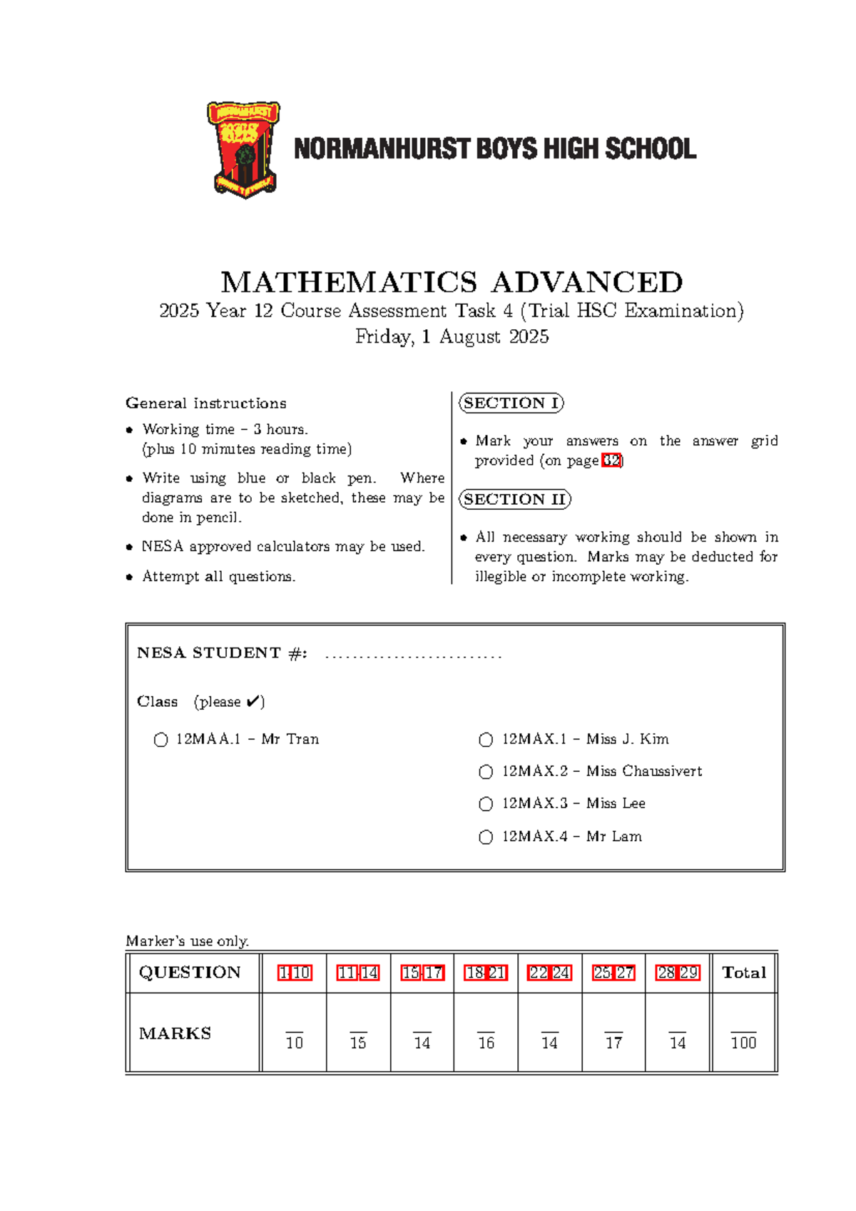 2025 Mathematics Advanced Year 12 Trial Exam Assessment Task 4 - Studocu
