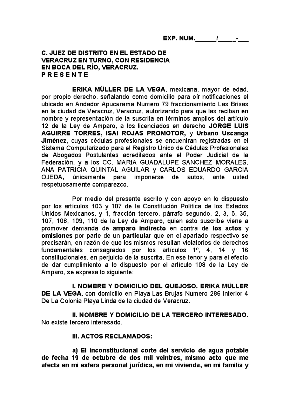 Amparo Indirecto contra Corte de Agua - Erika Müller (Exp. C) - Document Preview