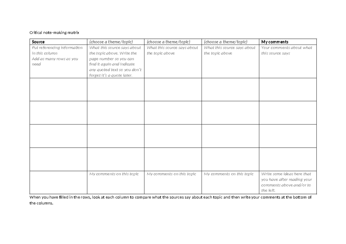 Critical Notemaking Matrix (202003) - Source Analysis Template - Studocu