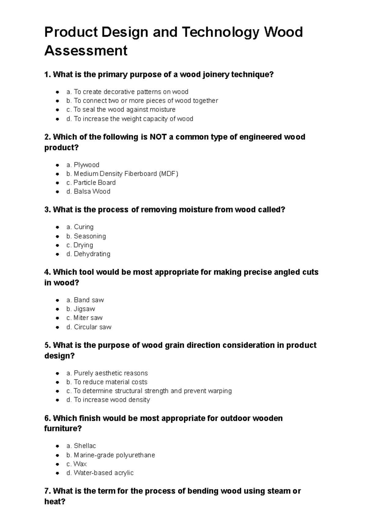 Product Design and Technology Wood Assessment: Quick Questions - Studocu