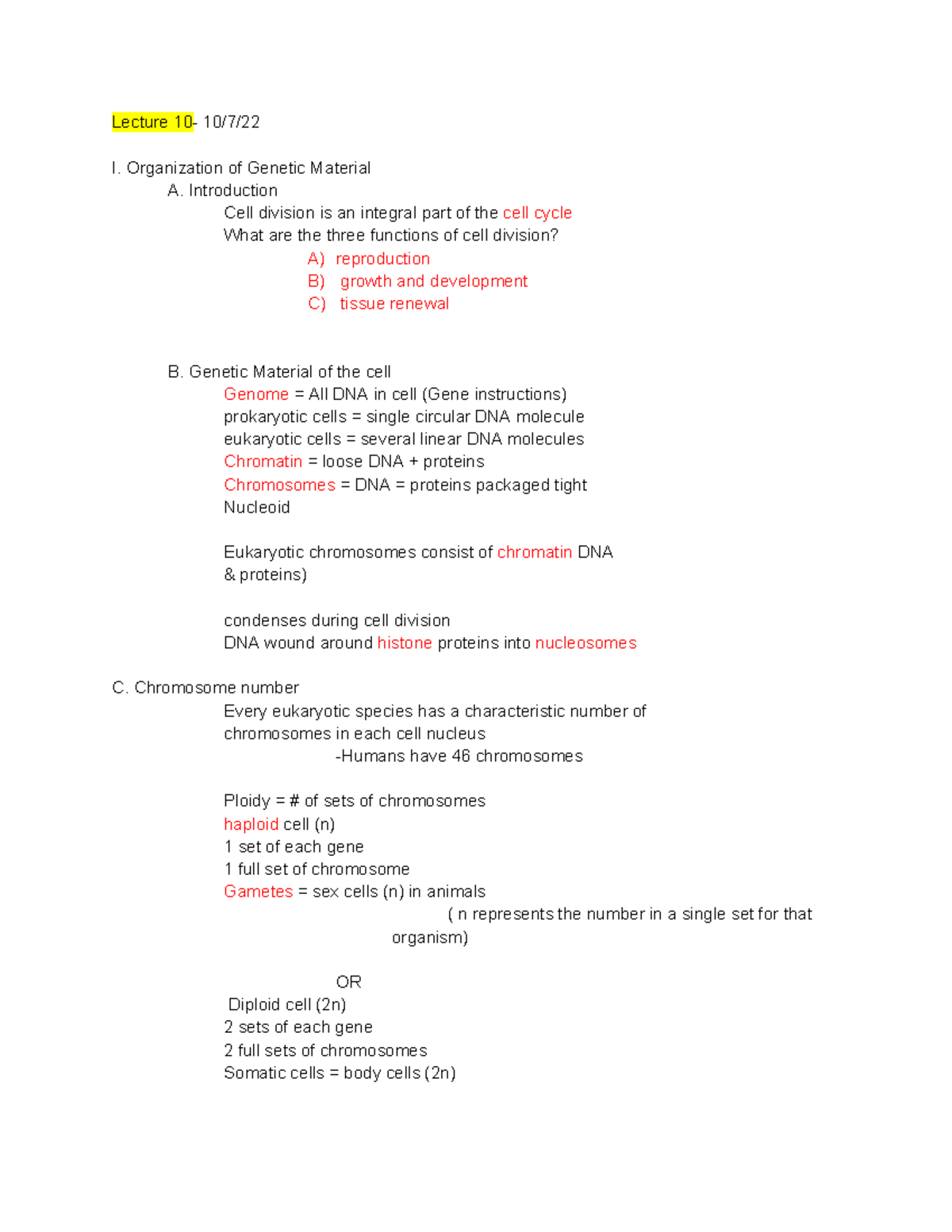 2 Gen Bio notes - Lecture 10- 10/7/ I. Organization of Genetic Material ...