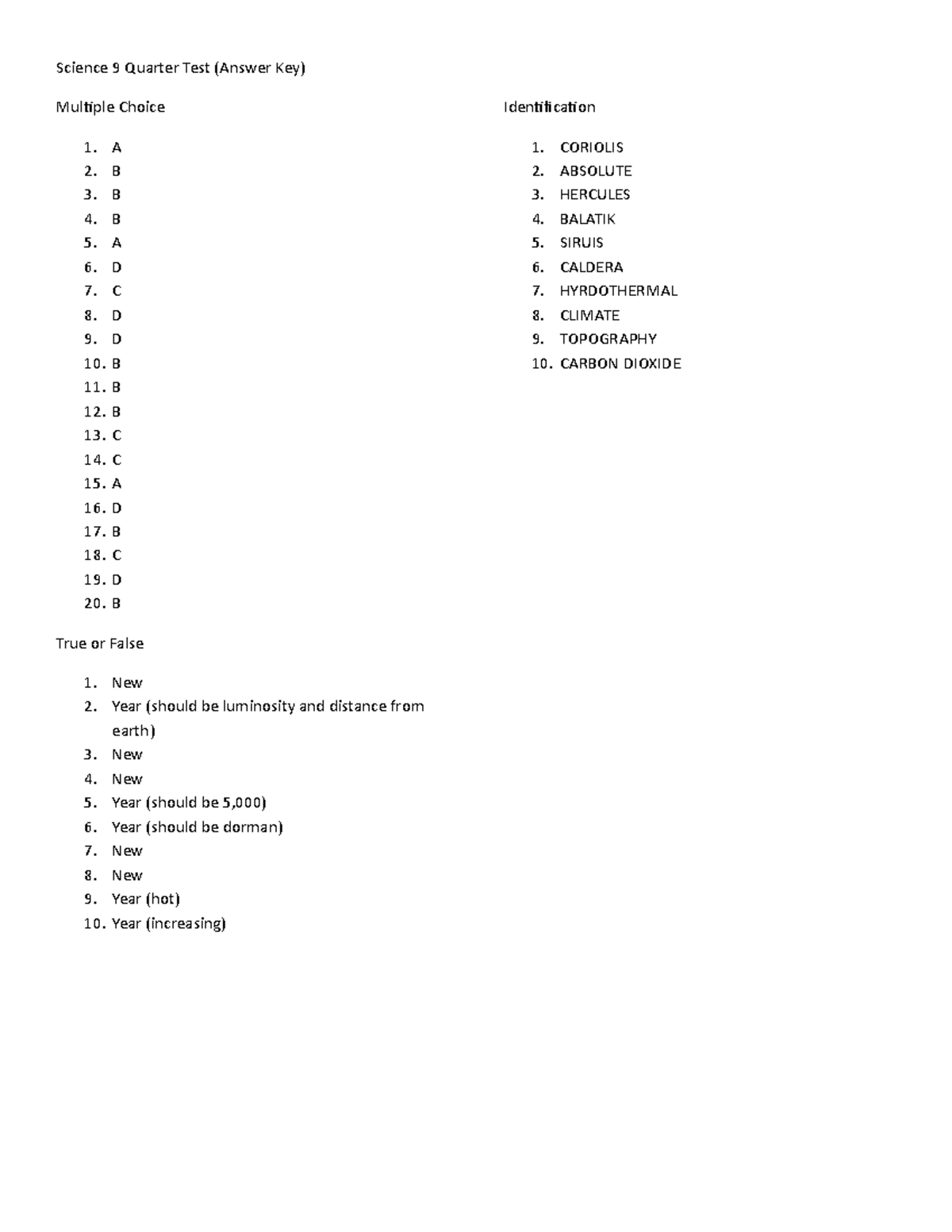 Science 9 Quarter Test Answer Key and Corrections - Studocu