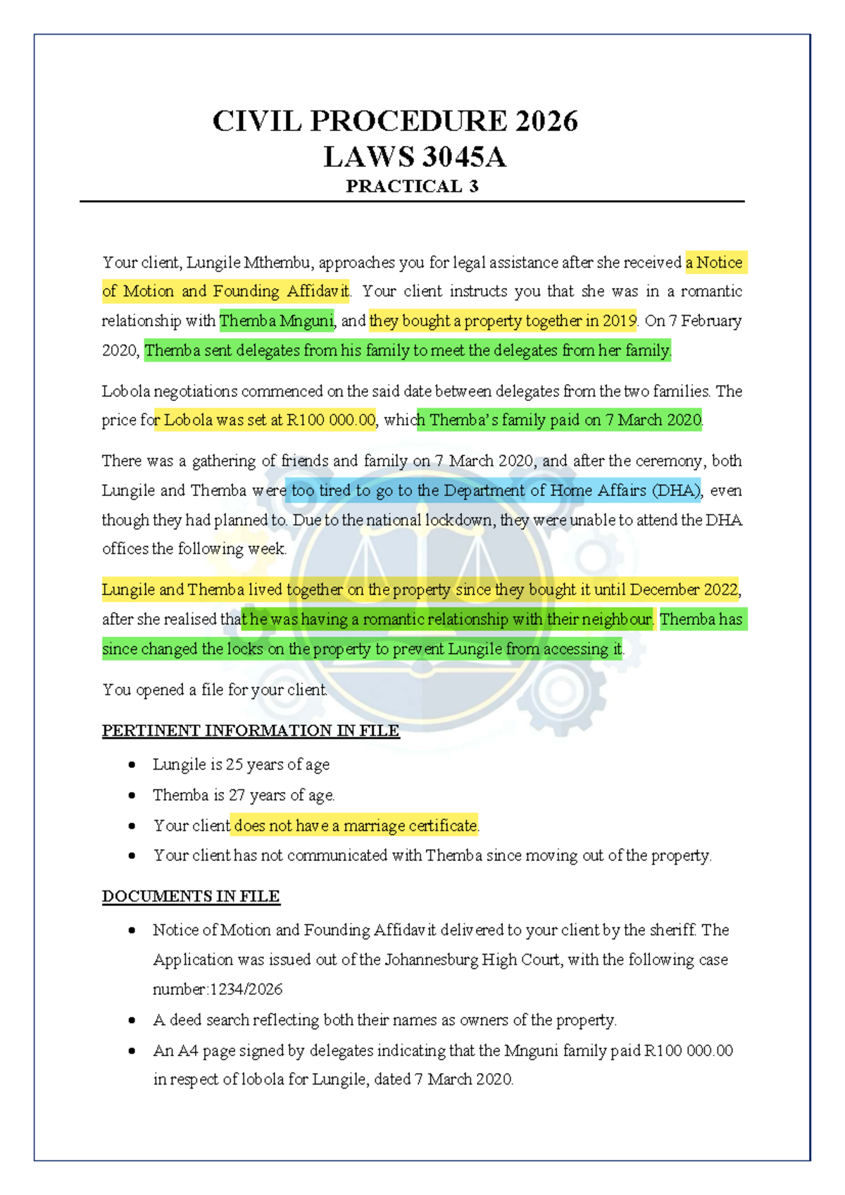 CIVIL PROCEDURE 2026 LAWS 3045A PRACTICAL 3: Customary Marriage Case ...