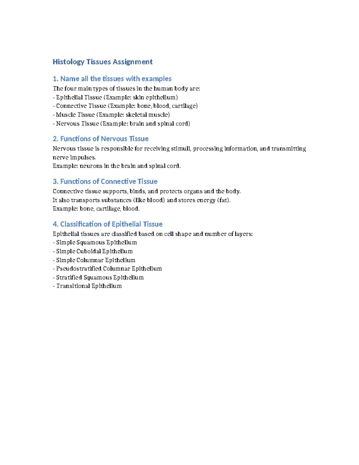 Histology Tissues Assignment 1: Types and Functions Explained - Studocu
