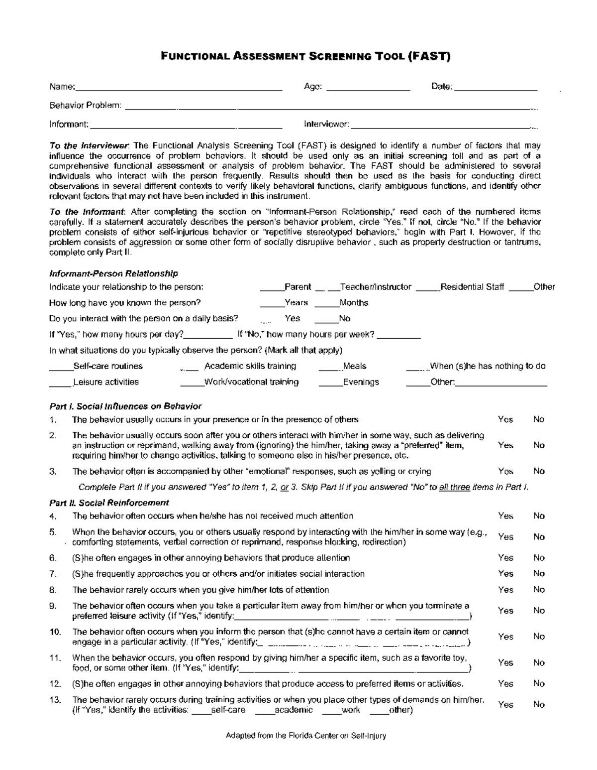 FAST Functional Assessment Screening Tool: Initial Behavior Analysis ...