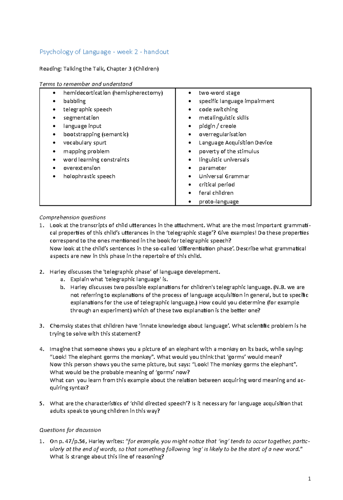 Psychology of Language (PSY 201) Week 2 Handout: Key Terms & Concepts ...