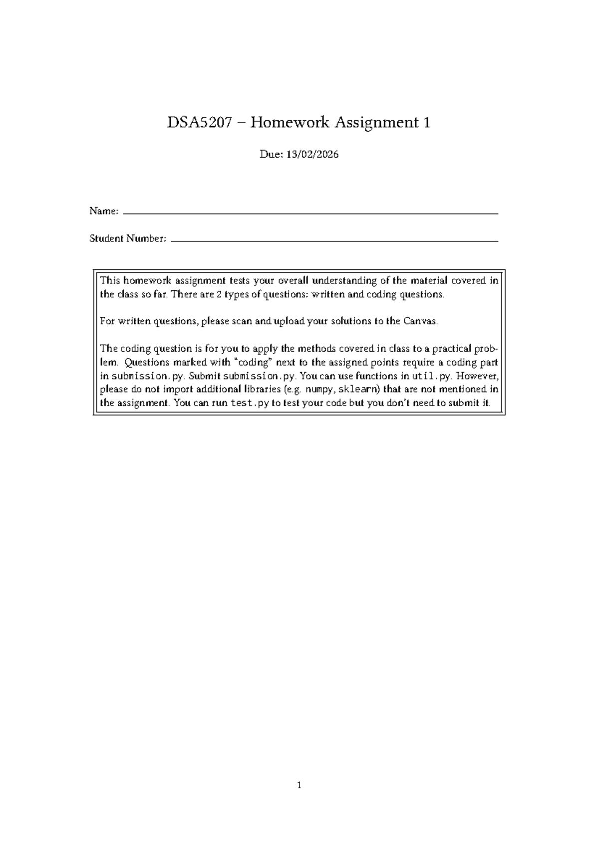 DSA5207 Homework Assignment 1 Solutions and Guidelines - Studocu