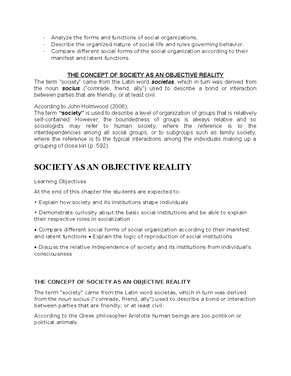 THE CONCEPT OF SOCIETY AS AN OBJECTIVE REALITY - A Sociological ...