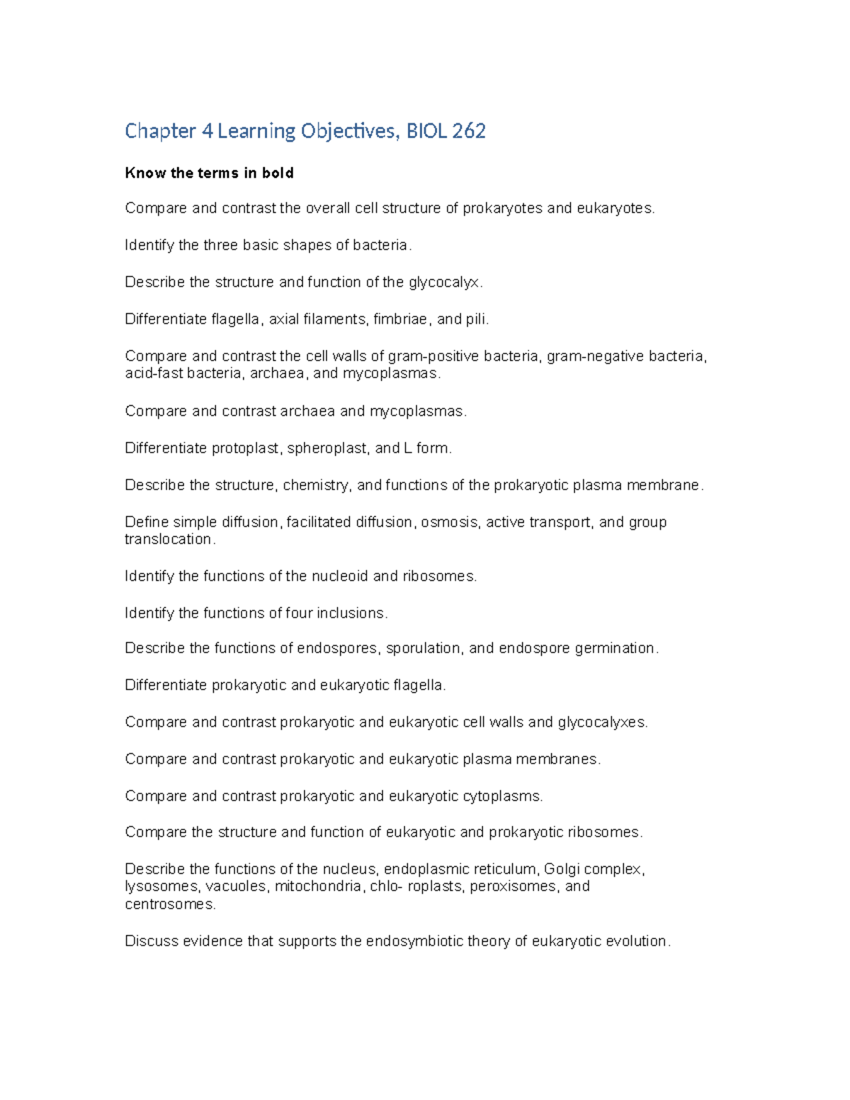 BIOL 262 Chapter 4 Learning Objectives: Prokaryotic and Eukaryotic ...