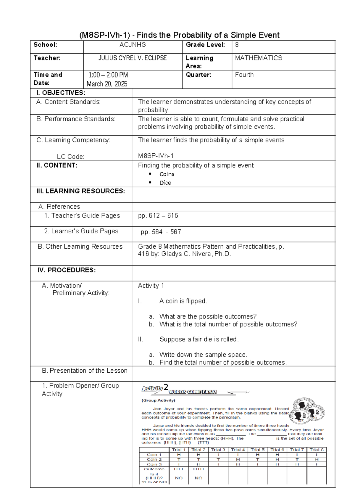 Lesson Plan March 20 - (M8SP-IVh-1) - Finds the Probability of a Simple ...