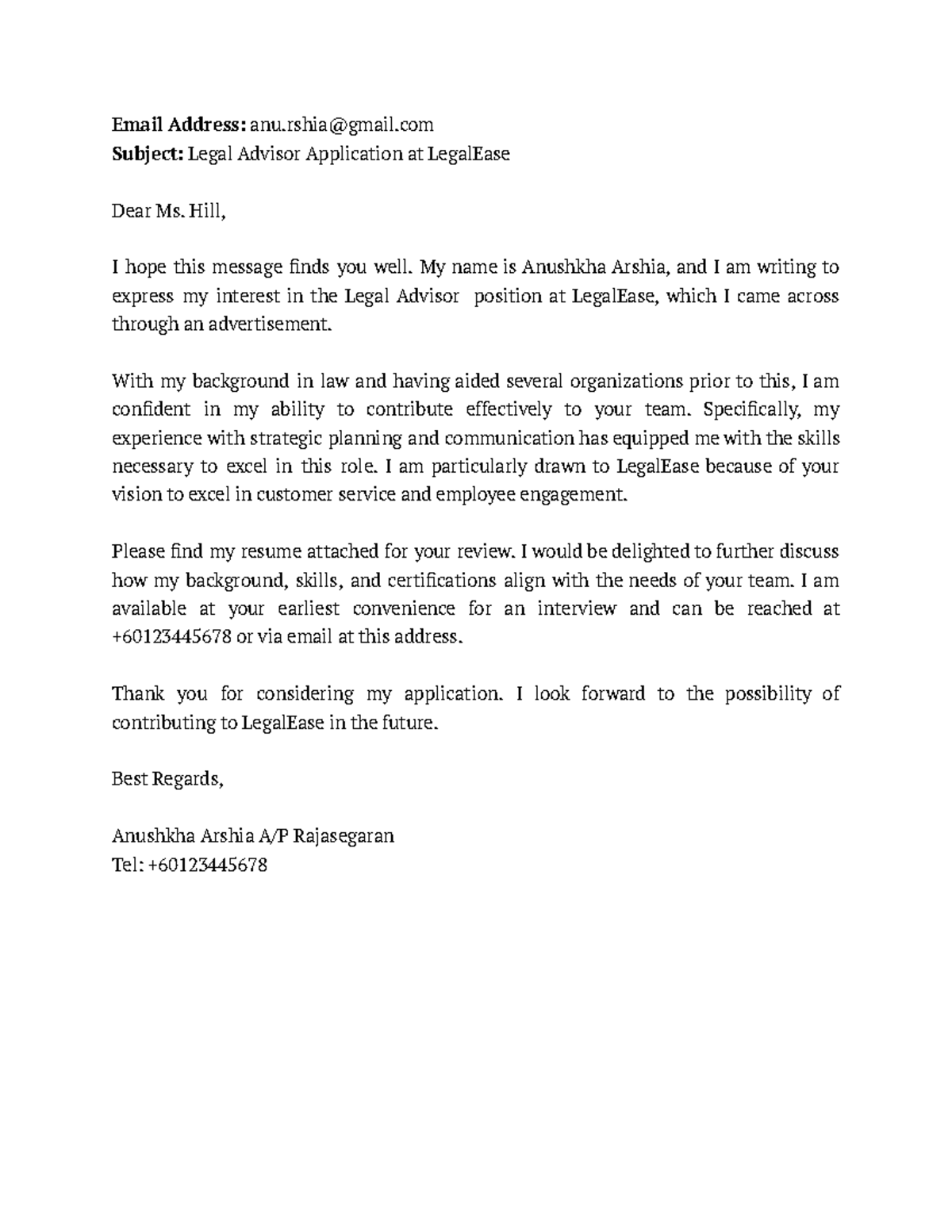 Legal Advisor Application - Email from Anushkha Arshia - Studocu