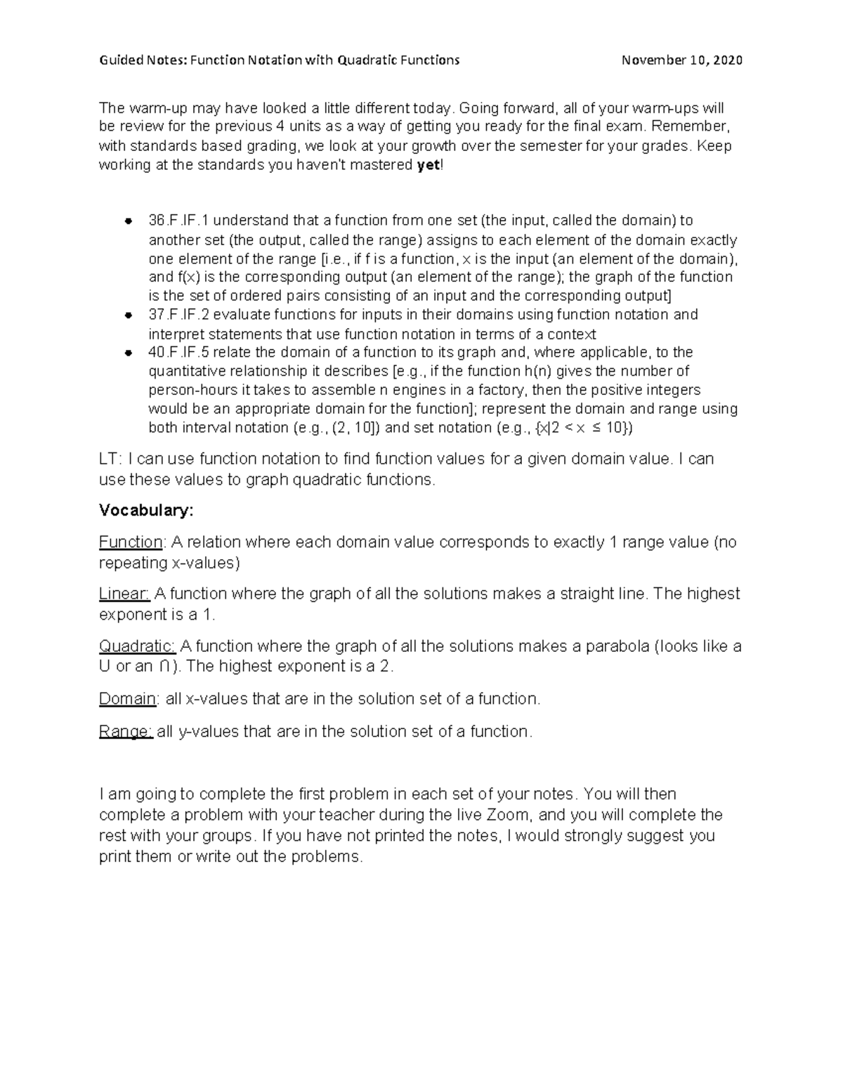 11-10-20 Final Exam Guided Notes on Functions and Graphing - Studocu