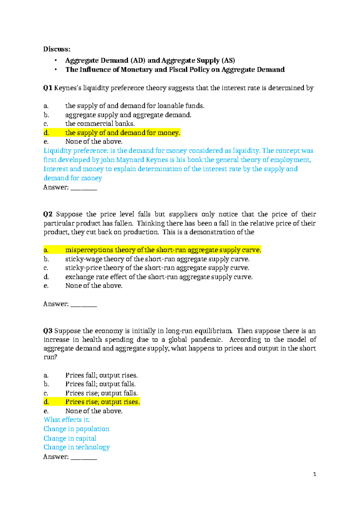 Economics TUT (12) - Aggregate Demand & Supply Tutorial Questions - Studocu