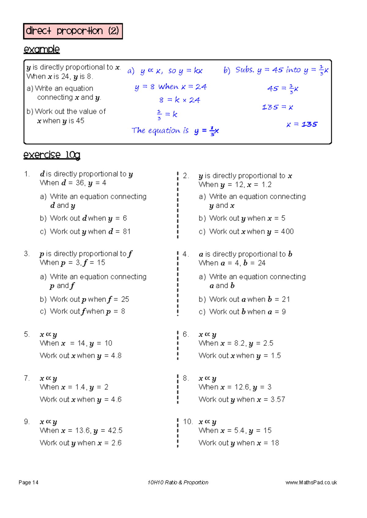 10H10 Ratio - Proportion Worksheet 2: Direct Proportion Examples - Studocu