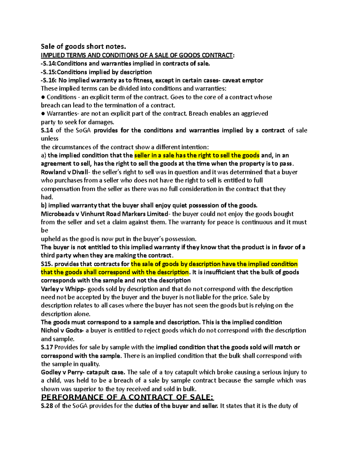 Commercial Law Notes: Sale of Goods and Bailment Concepts - Studocu