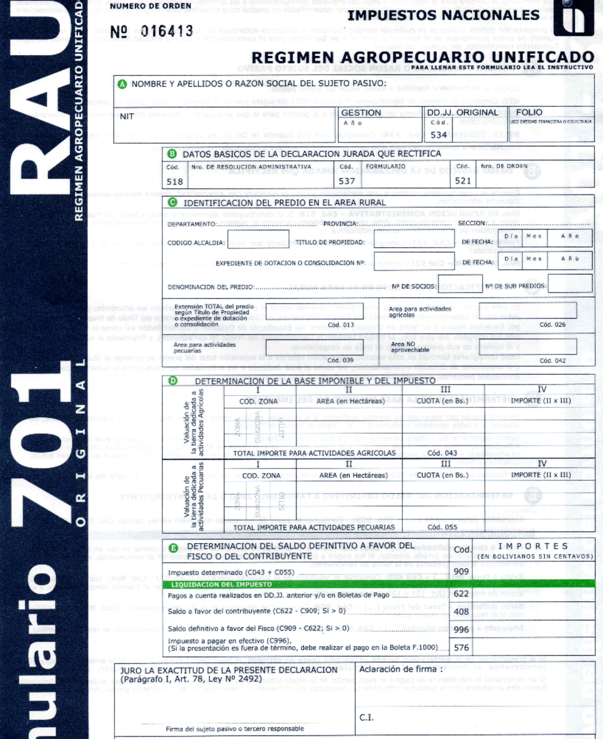 For 701 - form 701 - NUMERO DE ORDEN IMPUESTOS NACIONALES ky N° 016413 ...