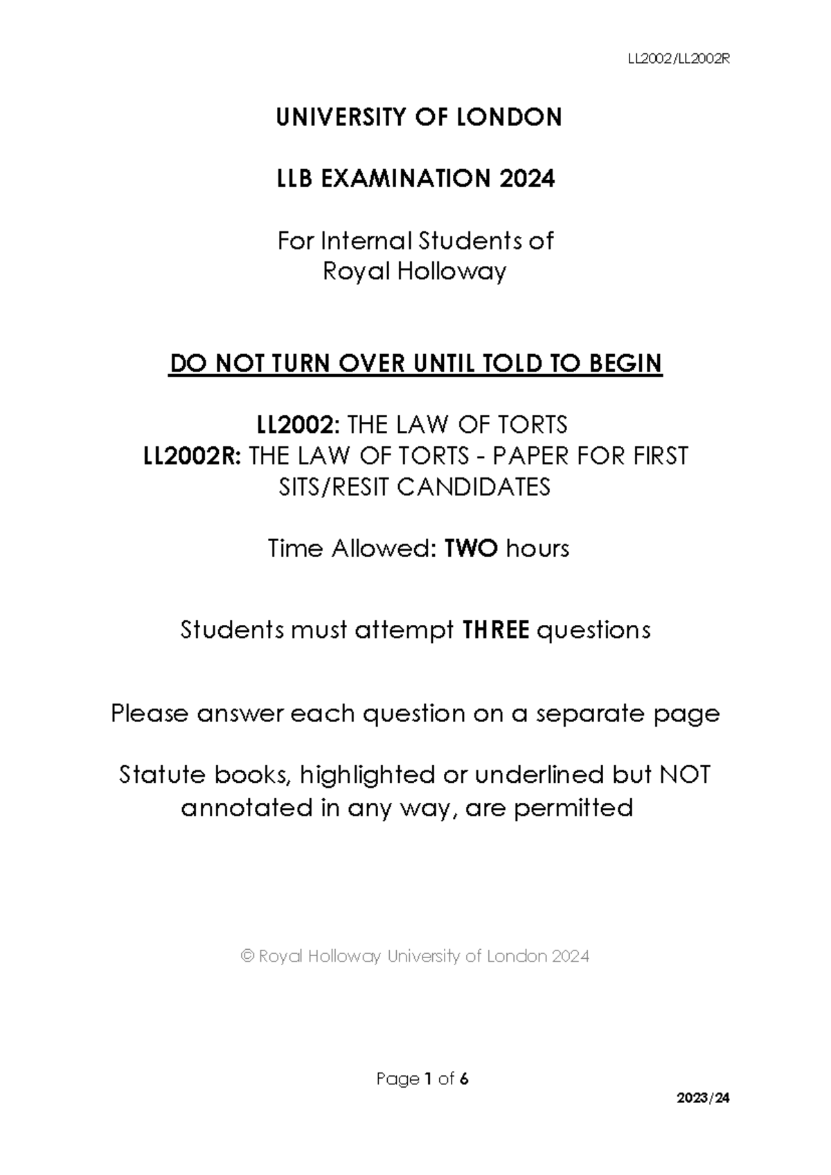 LL2002: The Law of Torts Exam Paper 2023-24 for Internal Students - Studocu