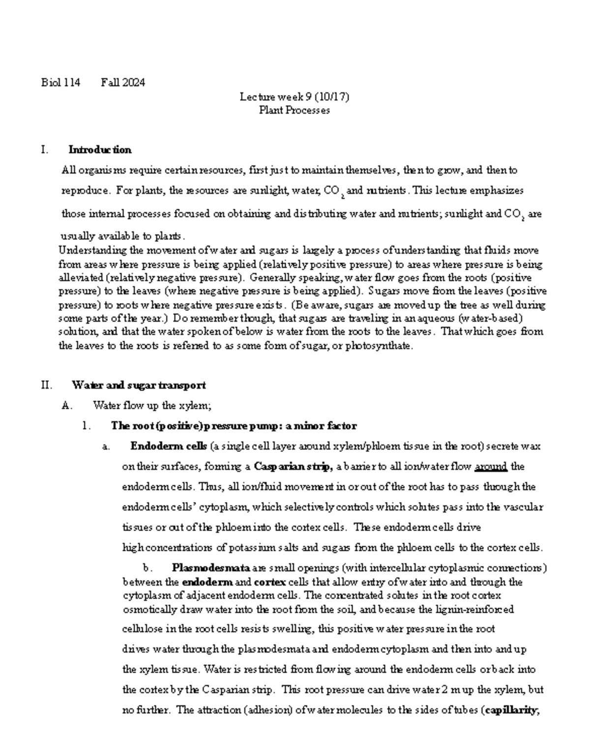 Biol 114 Fall 2024: Lecture Notes on Plant Processes - Week 9 - Studocu