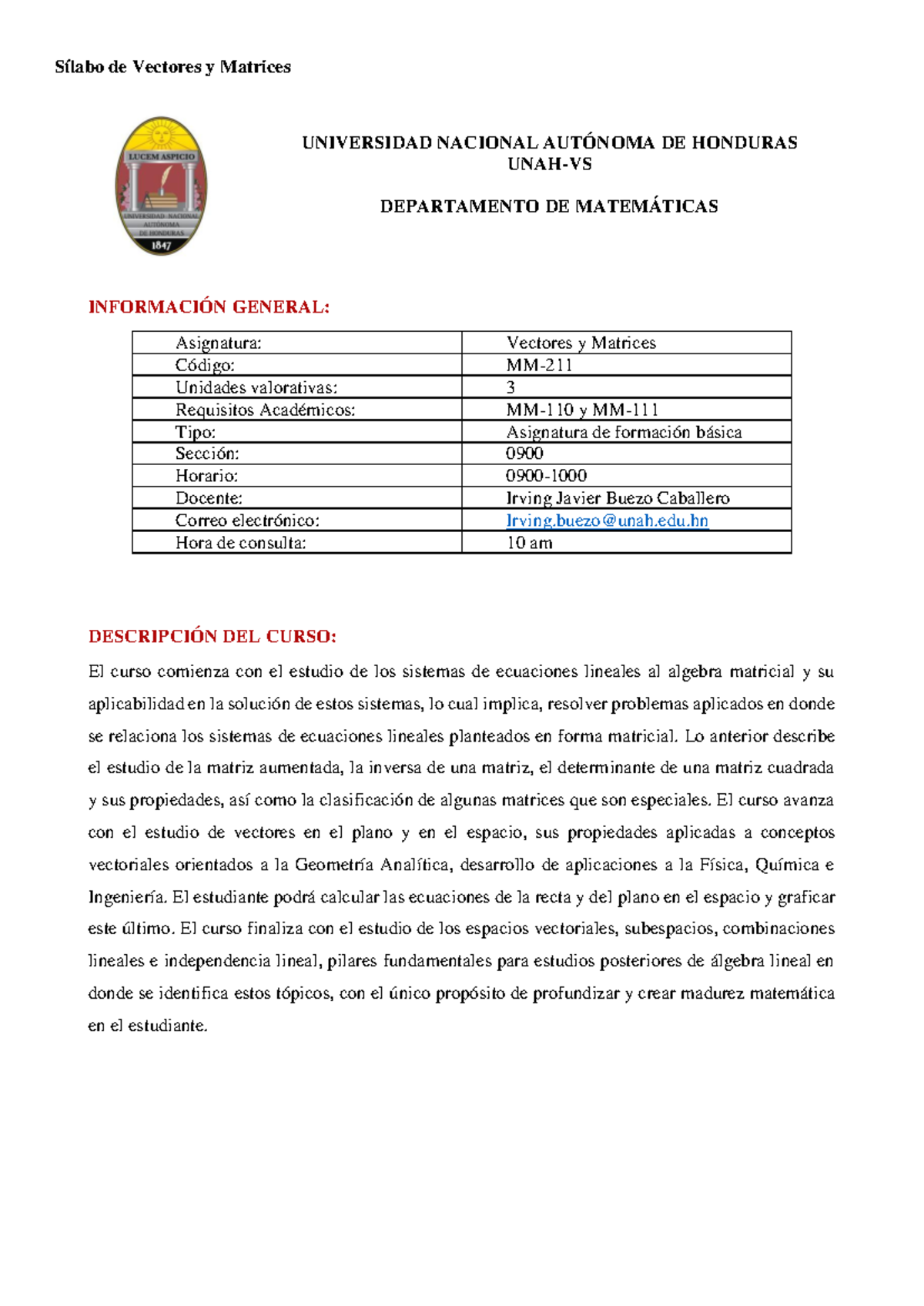 Sílabo de Vectores y Matrices - MM-211 - UNAH-VS 2024 - Document Preview