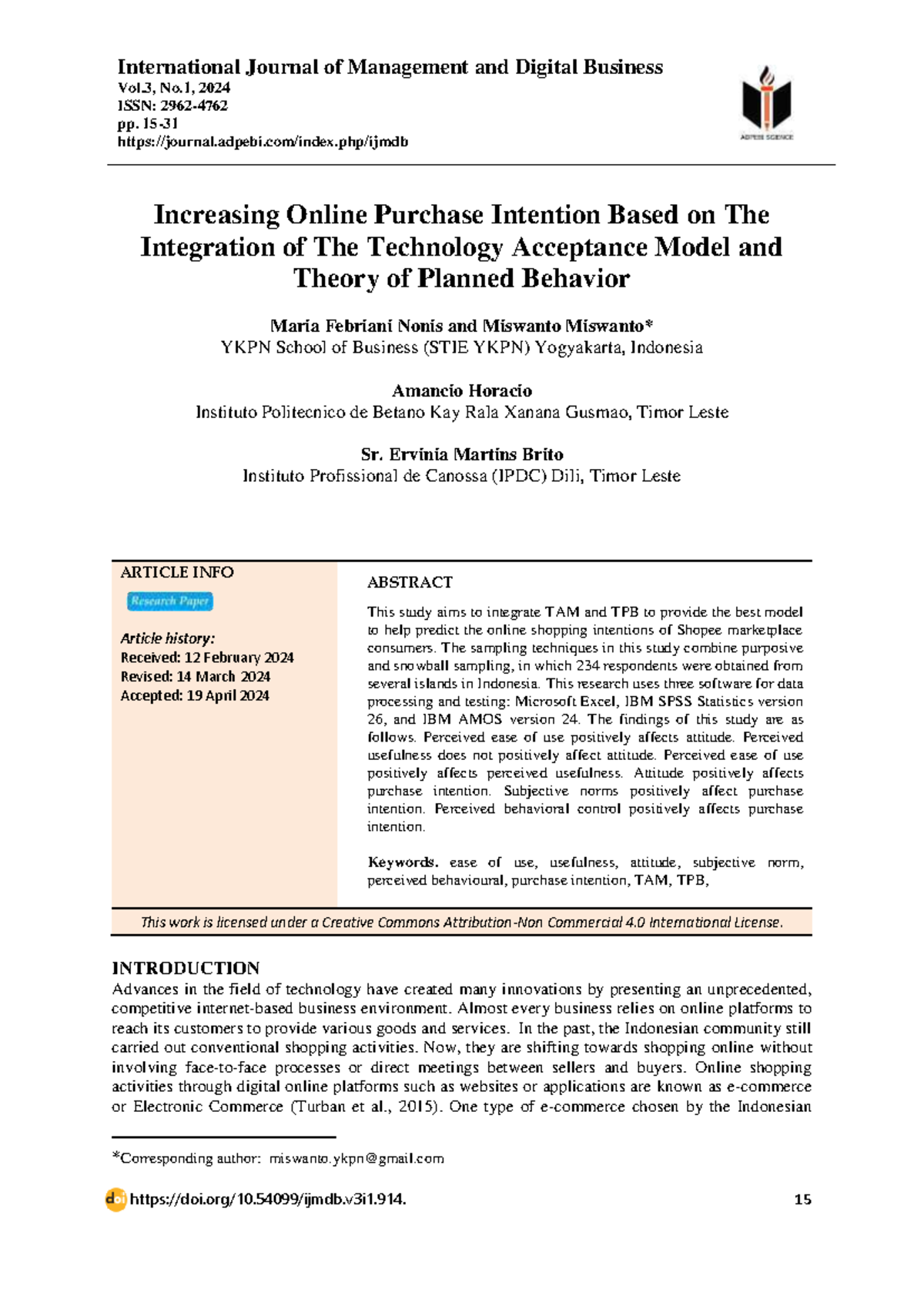 Increasing Online Purchase Intention: Integrating TAM & TPB (MGT 2024 ...