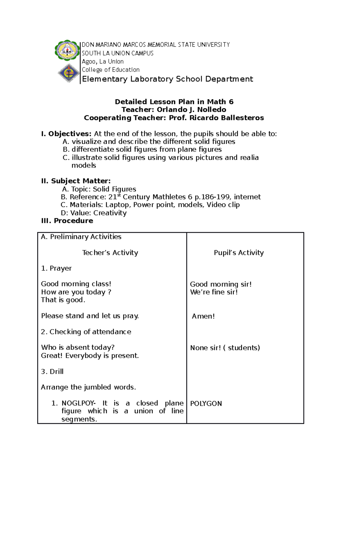 Detailed Lesson Plan 3: Final Demo on Solid Figures in Math 6 - Studocu