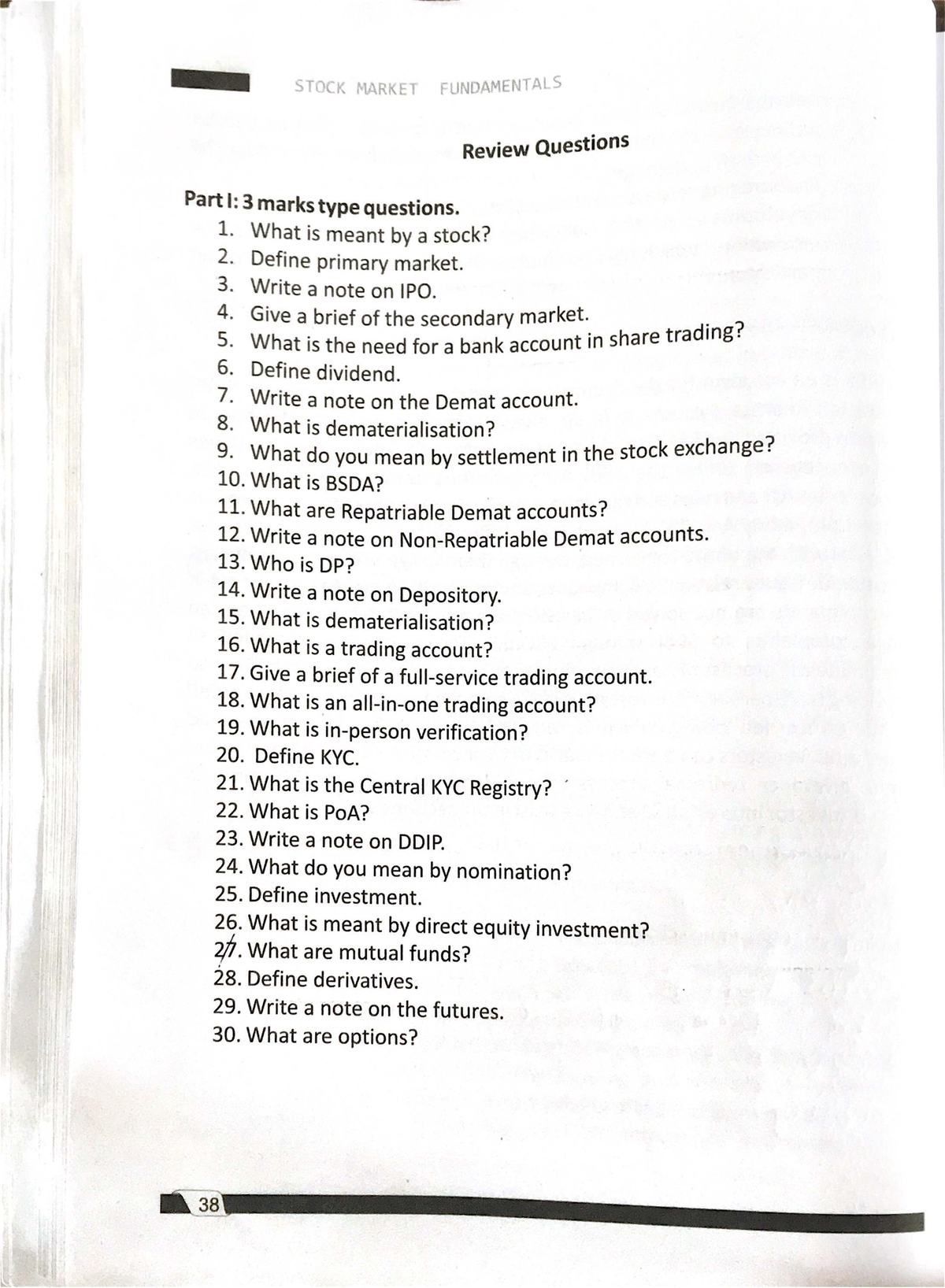 STOCK MARKET FUNDAMENTALS (FIN 101) Review Questions Part I - Studocu