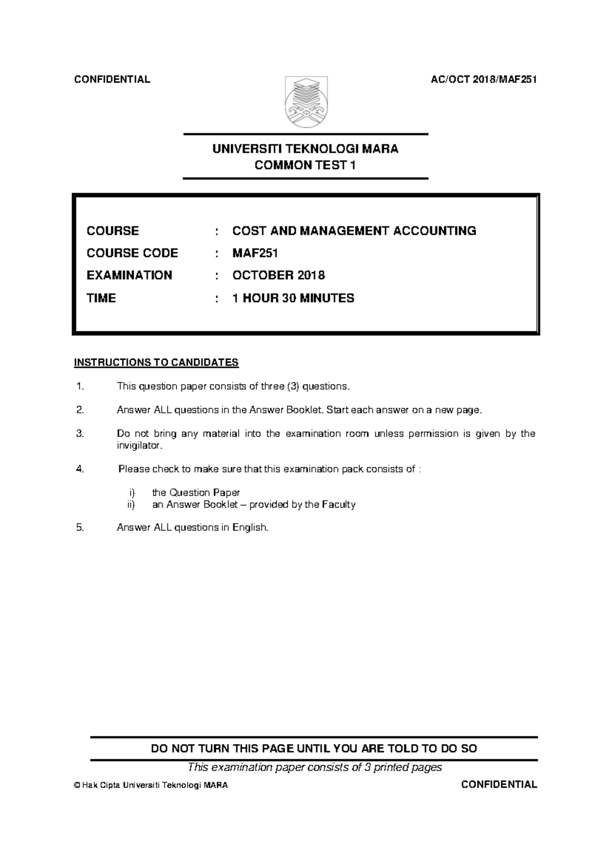 CT MAF251 Common Test 1 - Cost & Management Accounting, Oct 2018 - Studocu
