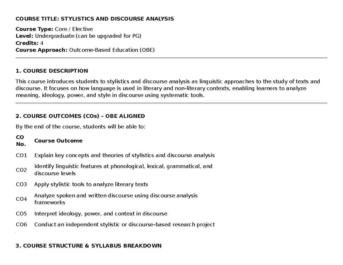 STYLISTICS AND DISCOURSE ANALYSIS: UNDERGRADUATE CORE ELECTIVE - Studocu