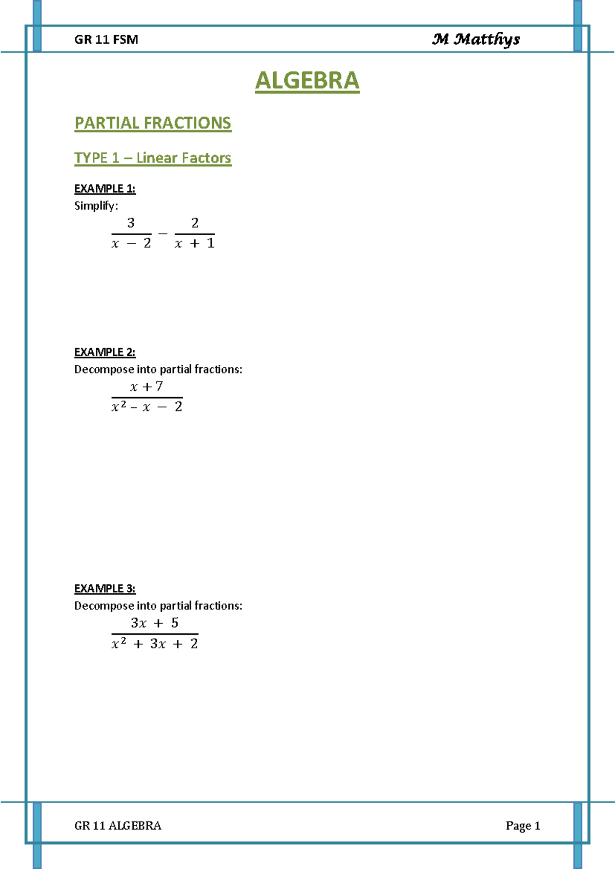 GR 11 FSM Algebra: Partial Fractions Examples and Exercises - Studocu