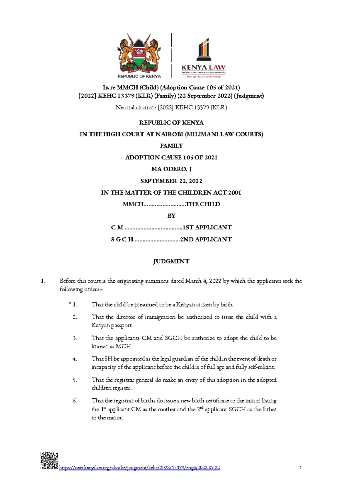 In re MMCH (Child) Adoption Cause 105 of 2021 - Judgment Analysis - Studocu