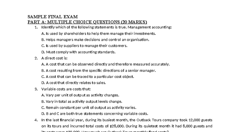 Final Exam (ACC 101): Management Accounting MCQs & Short Answers - Studocu