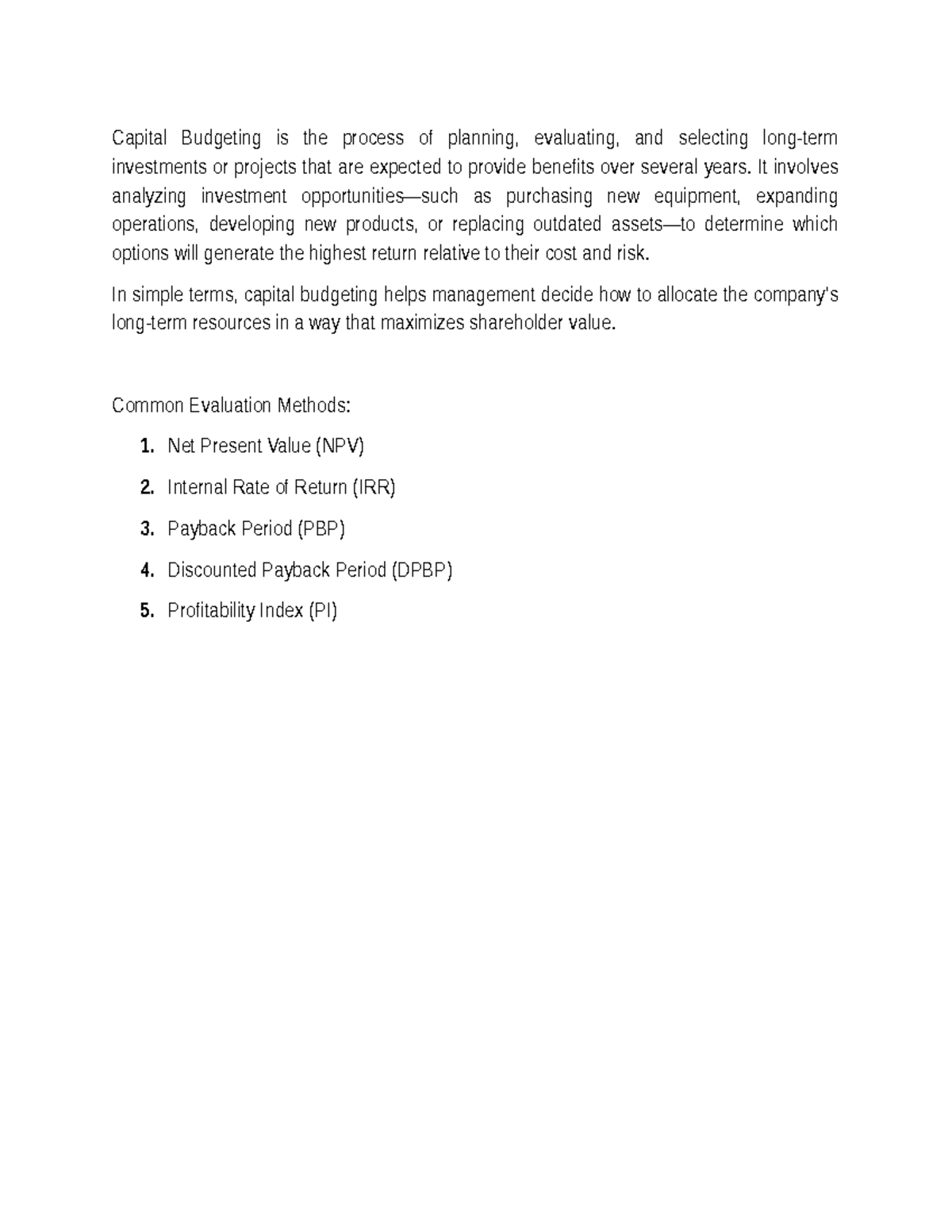 Cap budget - summary - Capital Budgeting is the process of planning ...