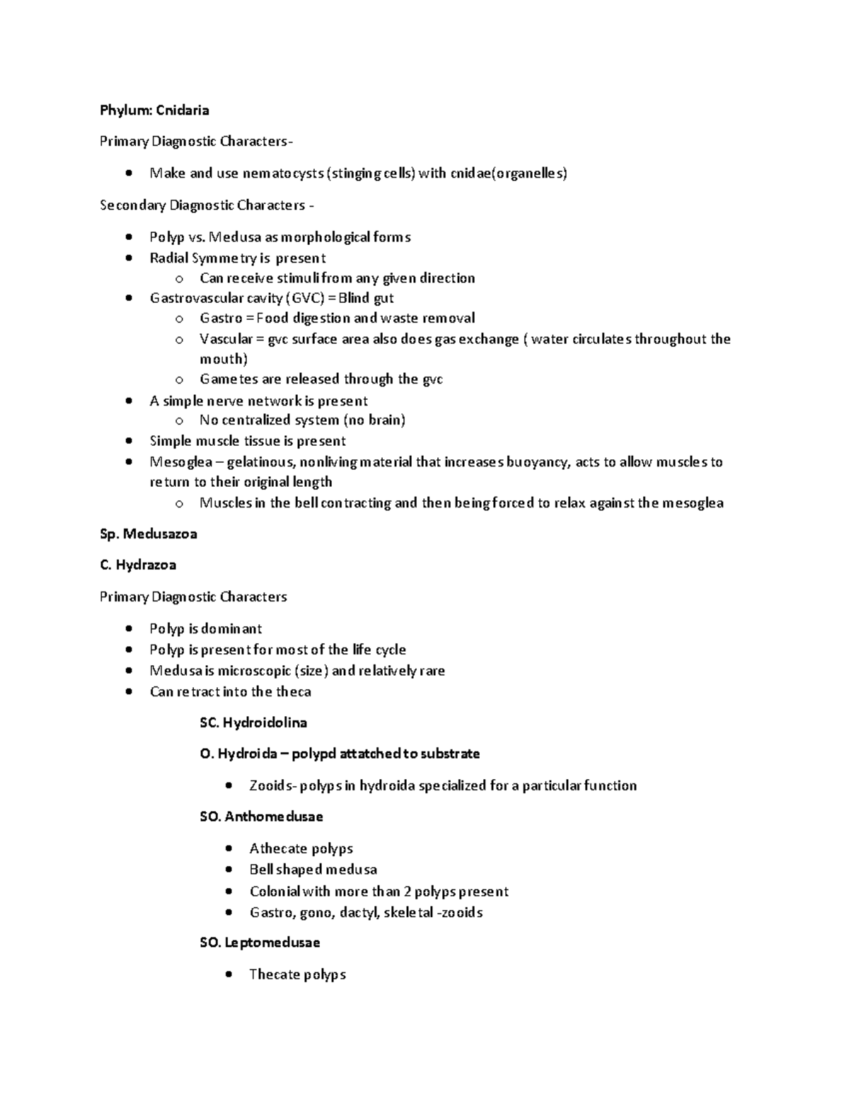 Phylum Cnidaria: Key Diagnostic Features - Lecture Notes - Studocu