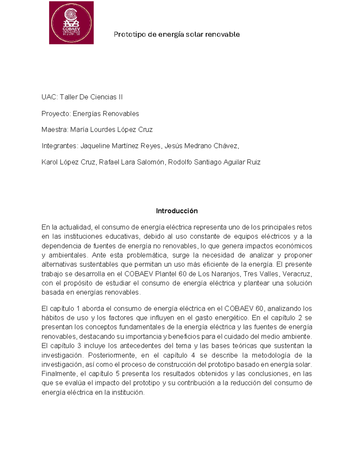 Prototipo de Energía Solar Renovable en COBAEV 60: Taller de Ciencias II - Document Preview